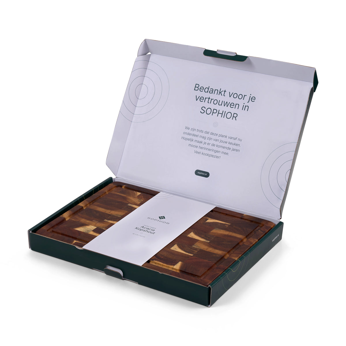 Houten Snijplank Acacia Kopshout - 35×25×3,2 cm - verpakking open