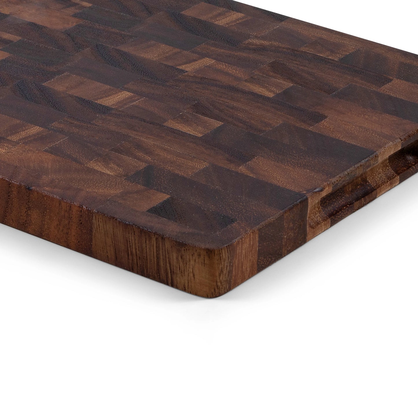 Houten Snijplank Walnoot Kopshout 35x25x2,5 cm close-up van achterkant met handgreep