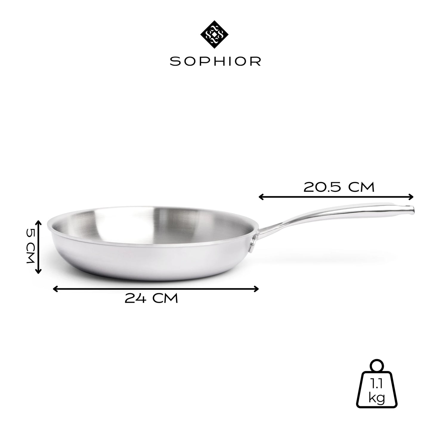 RVS koekenpan Ø24 cm infographic met afmetingen 24 cm diameter en 1,1 kg gewicht