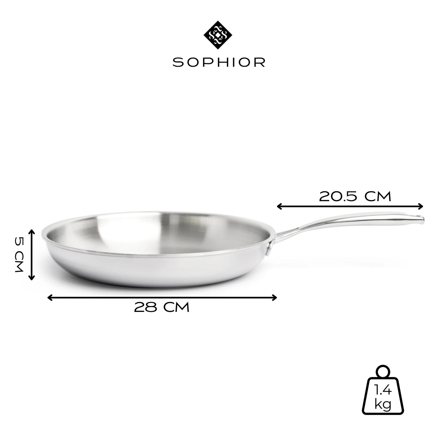 RVS koekenpan Ø28 cm infographic met afmetingen 28 cm diameter en 1,4 kg gewicht