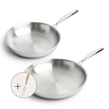 RVS Koekenpannenset 24/28 cm - 3-laags met dikke bodem (3,5 mm) - Inclusief Vleesvork