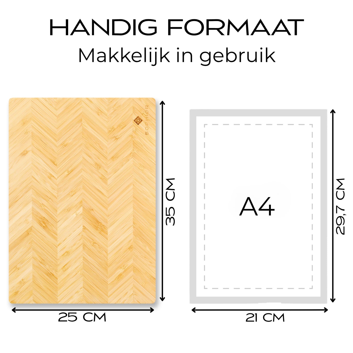 Bamboe Snijplank – 35×25×1,8 cm formaatvergelijking met A4-papier