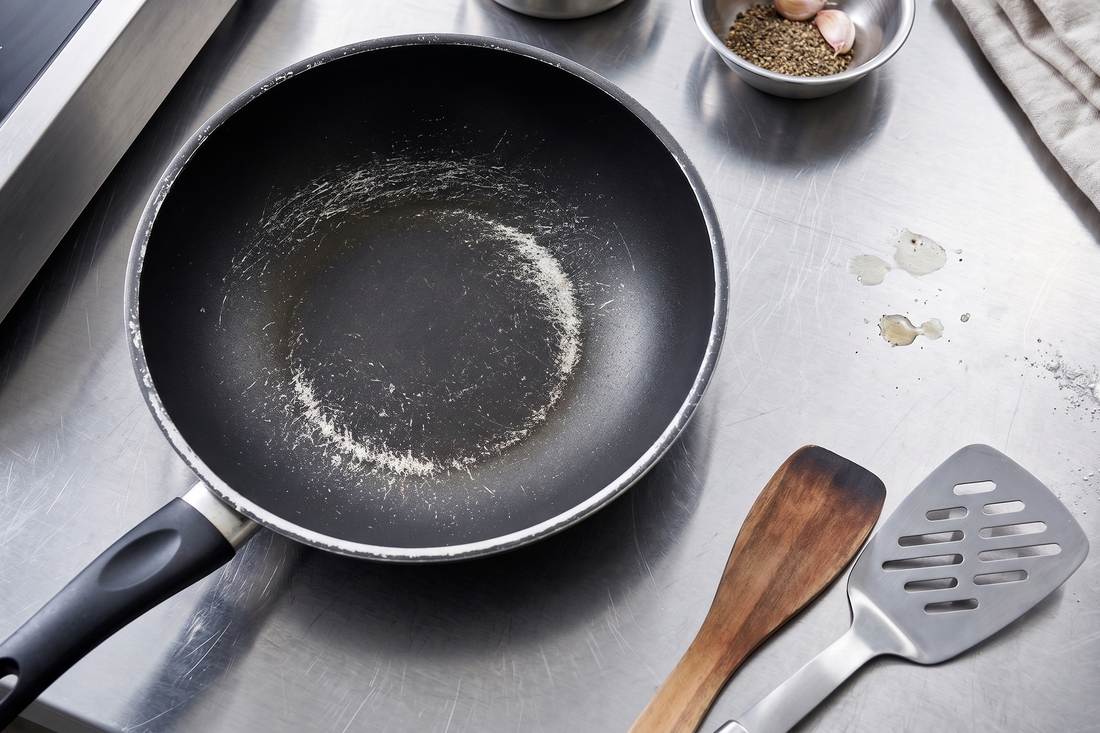 Lege antiaanbakpan met afbladderende coating naast een spatel op een grijs keukenwerkblad