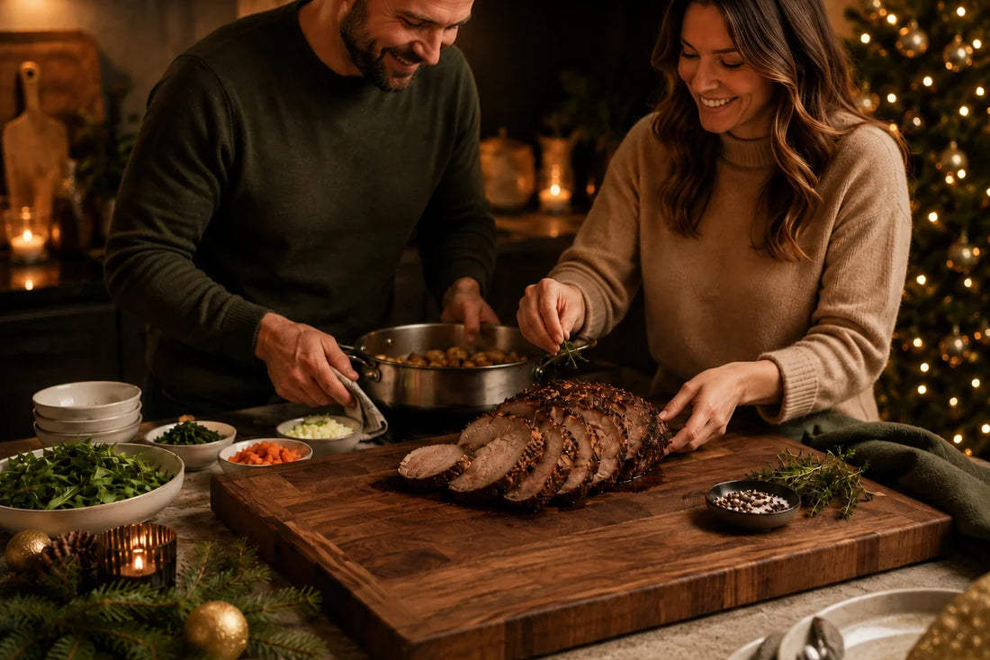 Kerstdiner voorbereiden met een koksmes en houten snijplank op het aanrecht