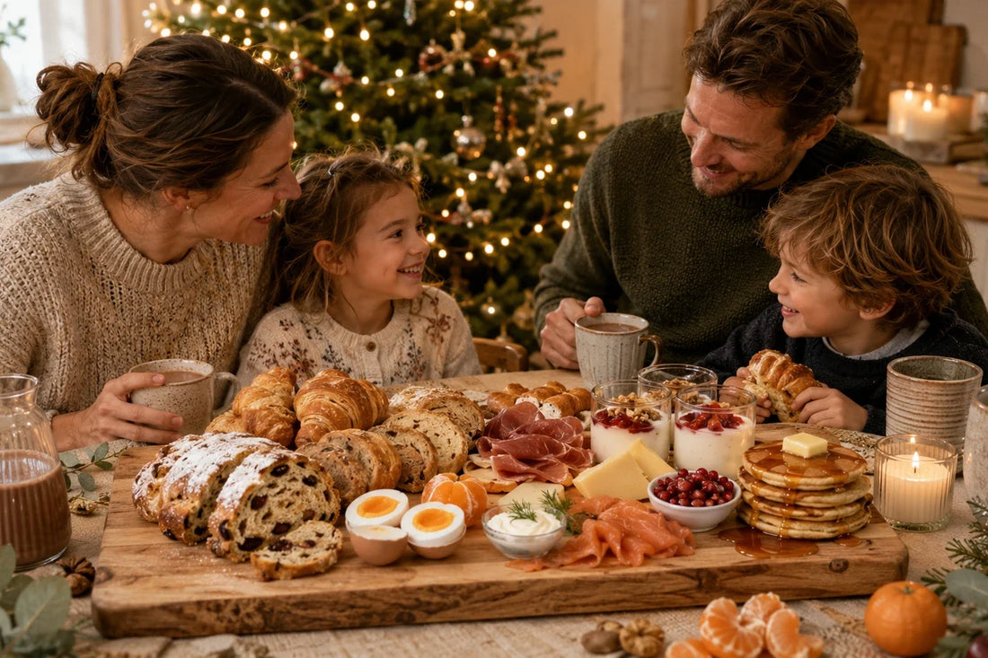 Gezin ontbijt met kerst rond een gedeelde houten ontbijtplank