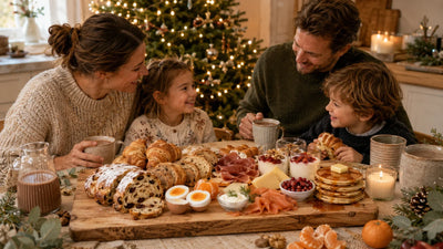 Gezin ontbijt met kerst rond een gedeelde houten ontbijtplank