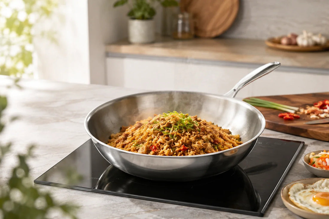 Nasi goreng roerbakken in een RVS wokpan van 30 cm