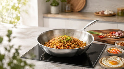 Nasi goreng roerbakken in een RVS wokpan van 30 cm