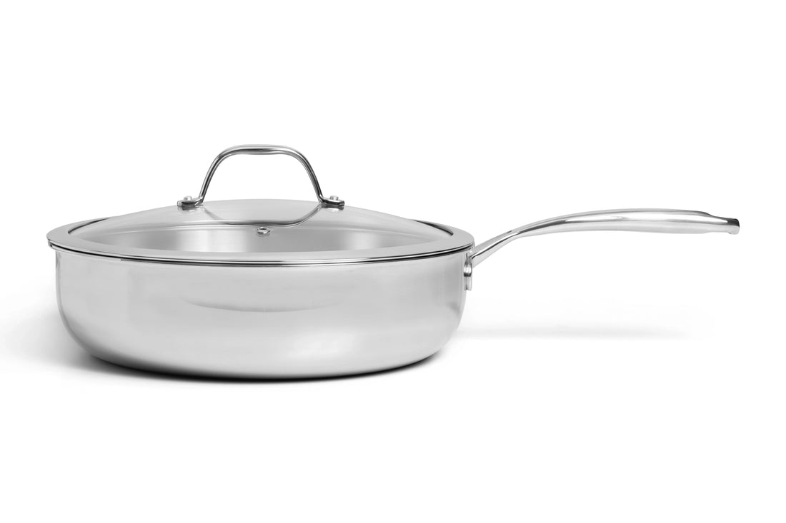 RVS hapjespan Ø28 cm met los verkrijgbaar glazen deksel, zijaanzicht
