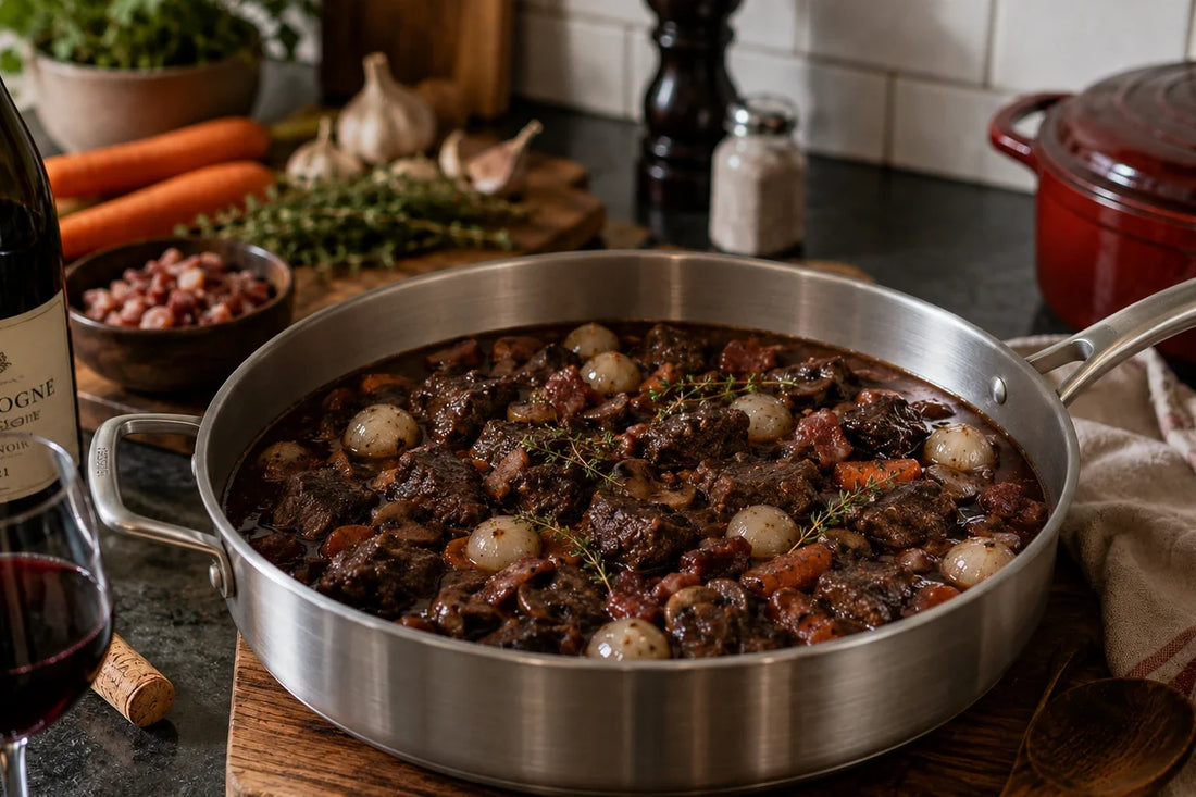 Bourgondische stoofpot met rode wijn pruttelt in een rustieke keuken