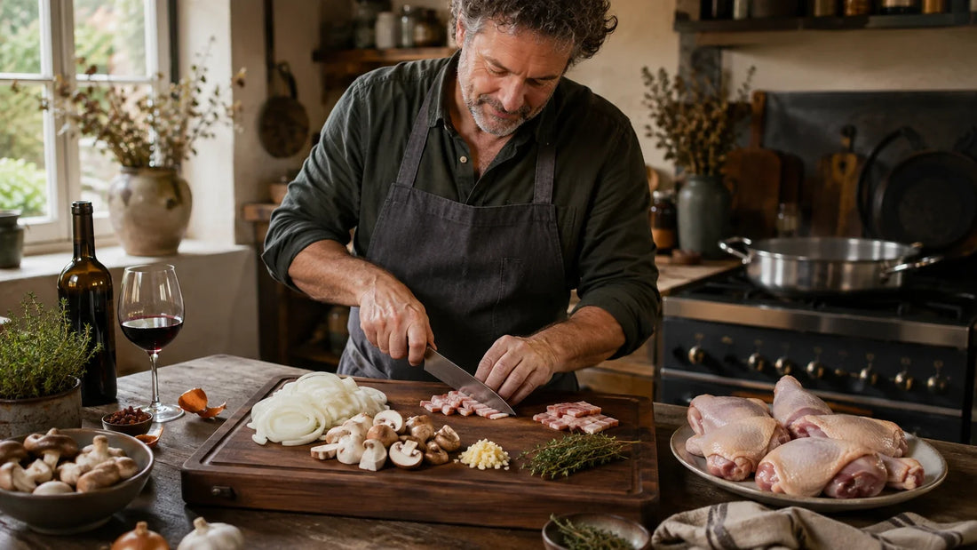 Thuiskok bereidt coq au vin op een houten snijplank in een rustieke keuken