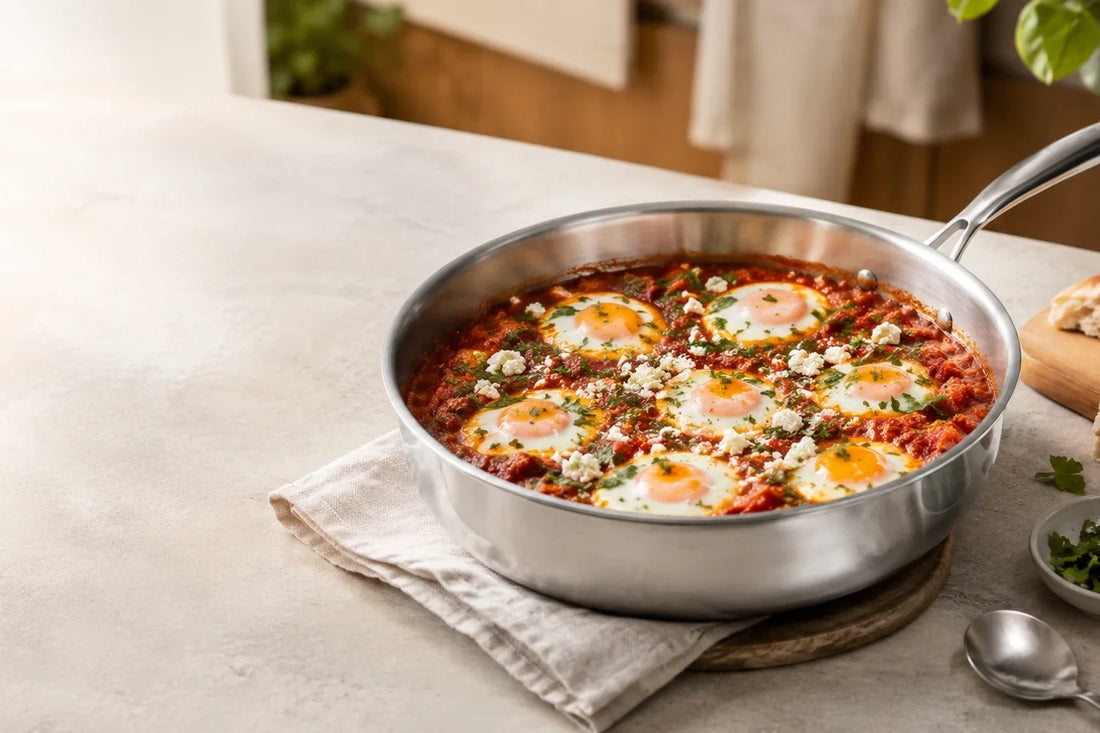 Shakshuka met eieren in tomatensaus in een RVS hapjespan