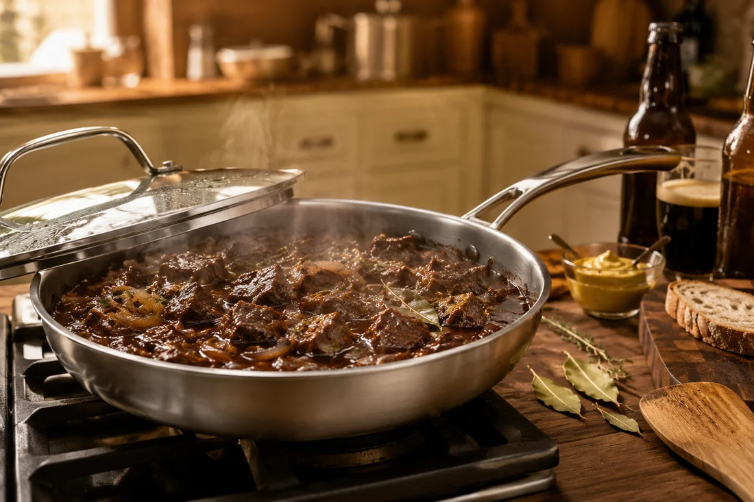 Vlaamse stoofkarbonades sudderen in bruin bier in een pan op het vuur
