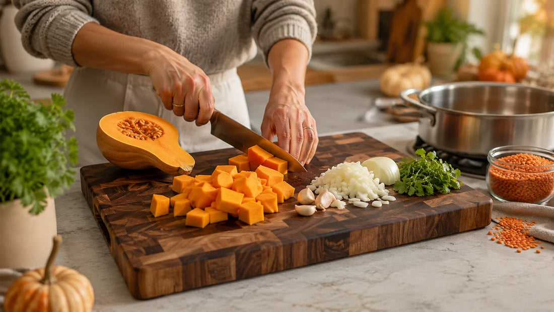 Pompoen voorbereiden voor een linzenstoof in een warme herfstkeuken