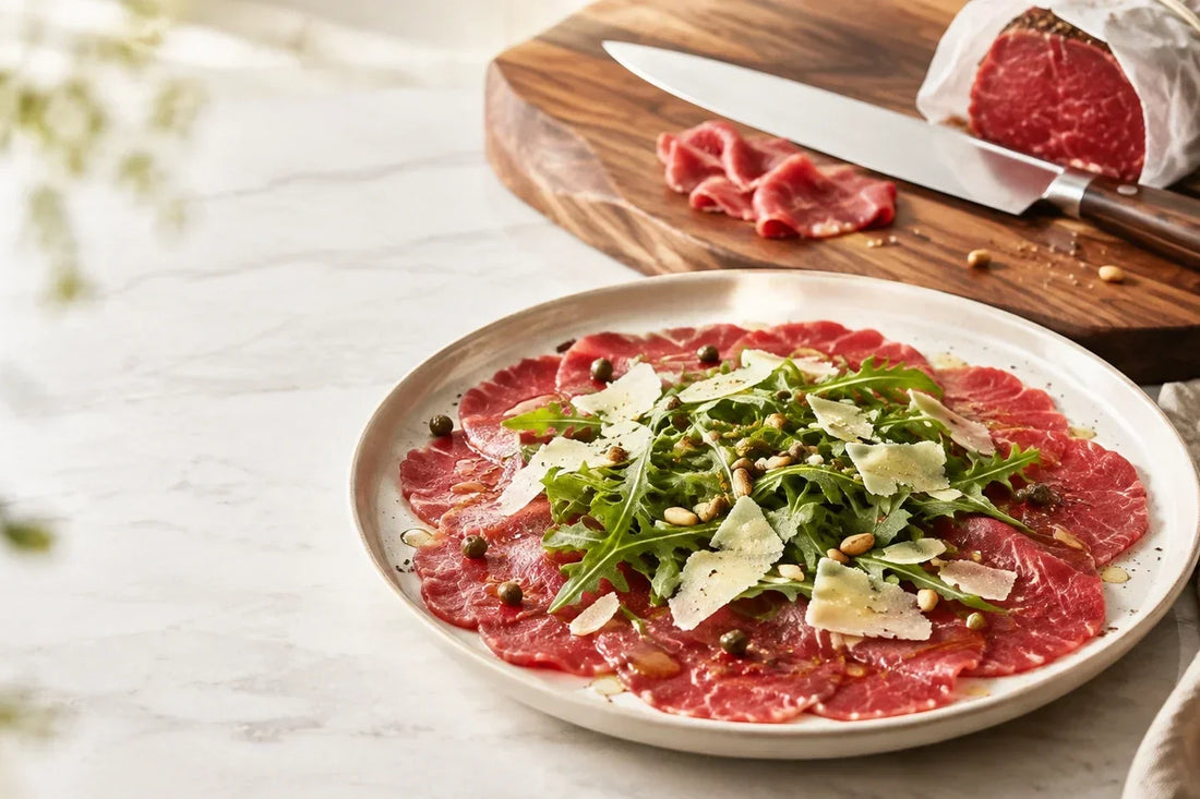 Rundercarpaccio met rucola en Parmezaan, met koksmes en runderhaas op een walnoothouten snijplank