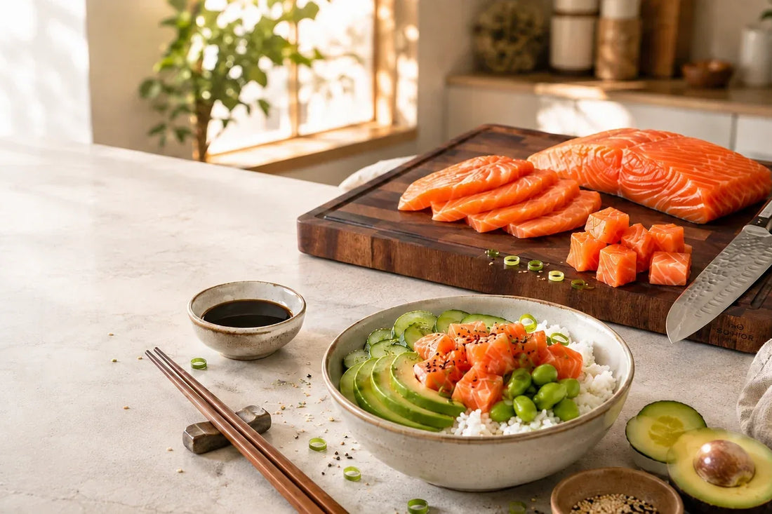 Zalm in sashimiplakken en blokjes op een walnoothouten snijplank naast een pokebowl met avocado