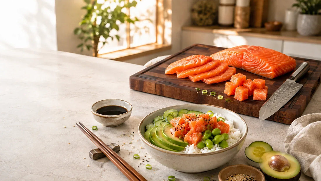 Zalm in sashimiplakken en blokjes op een walnoten snijplank naast een pokebowl met avocado