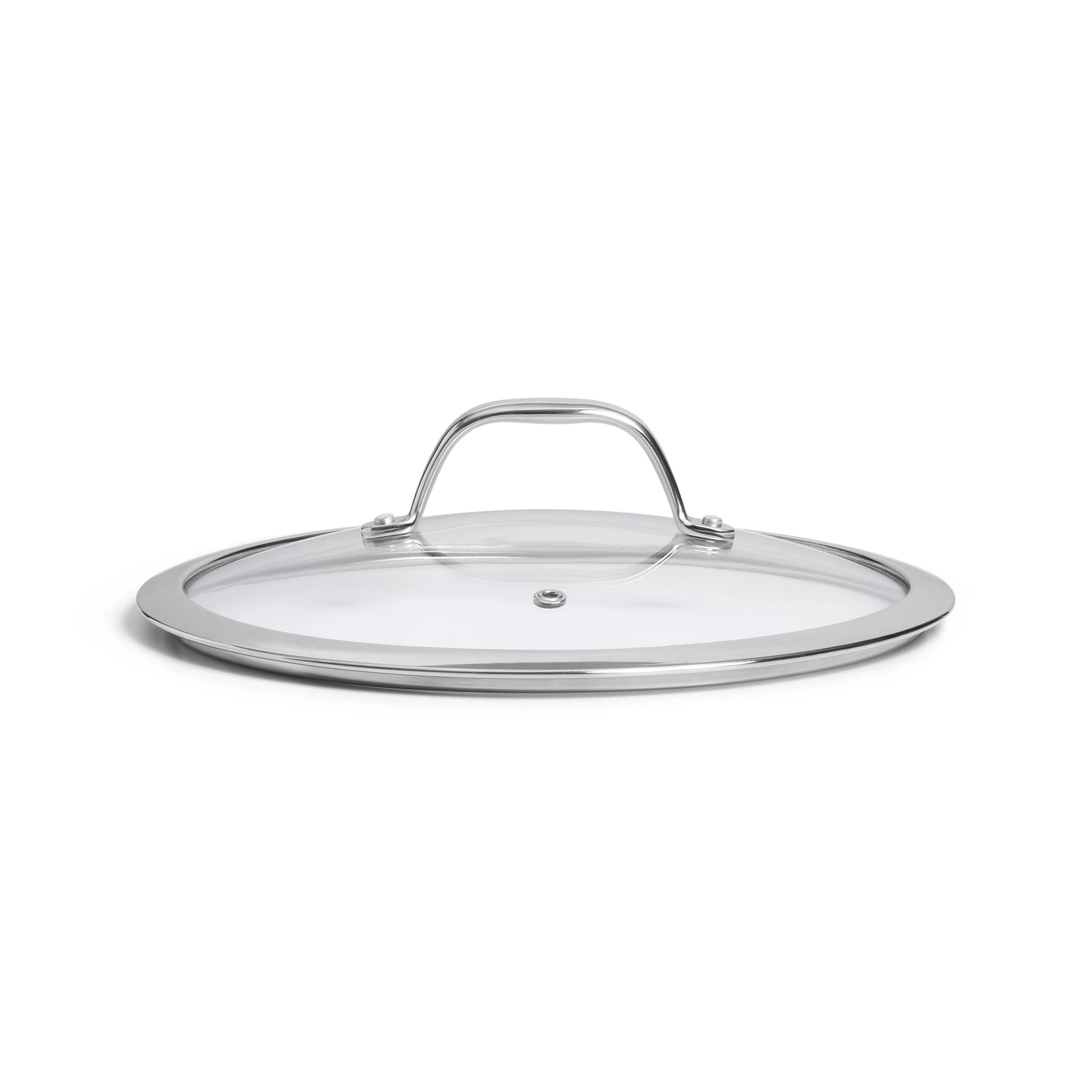 SOPHIOR glazen deksel 24 cm zijaanzicht met RVS handgreep boven