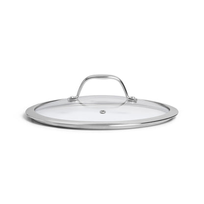 SOPHIOR glazen deksel 24 cm zijaanzicht met RVS handgreep boven