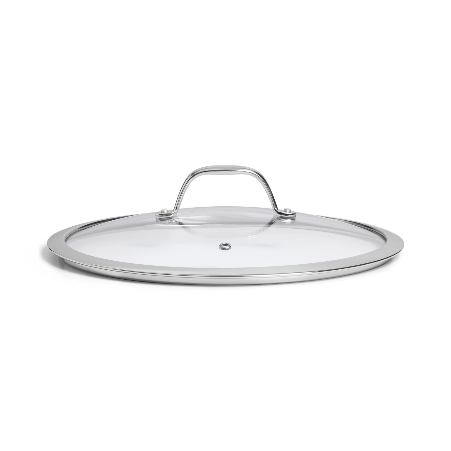 SOPHIOR glazen deksel 28 cm zijaanzicht met RVS handgreep boven