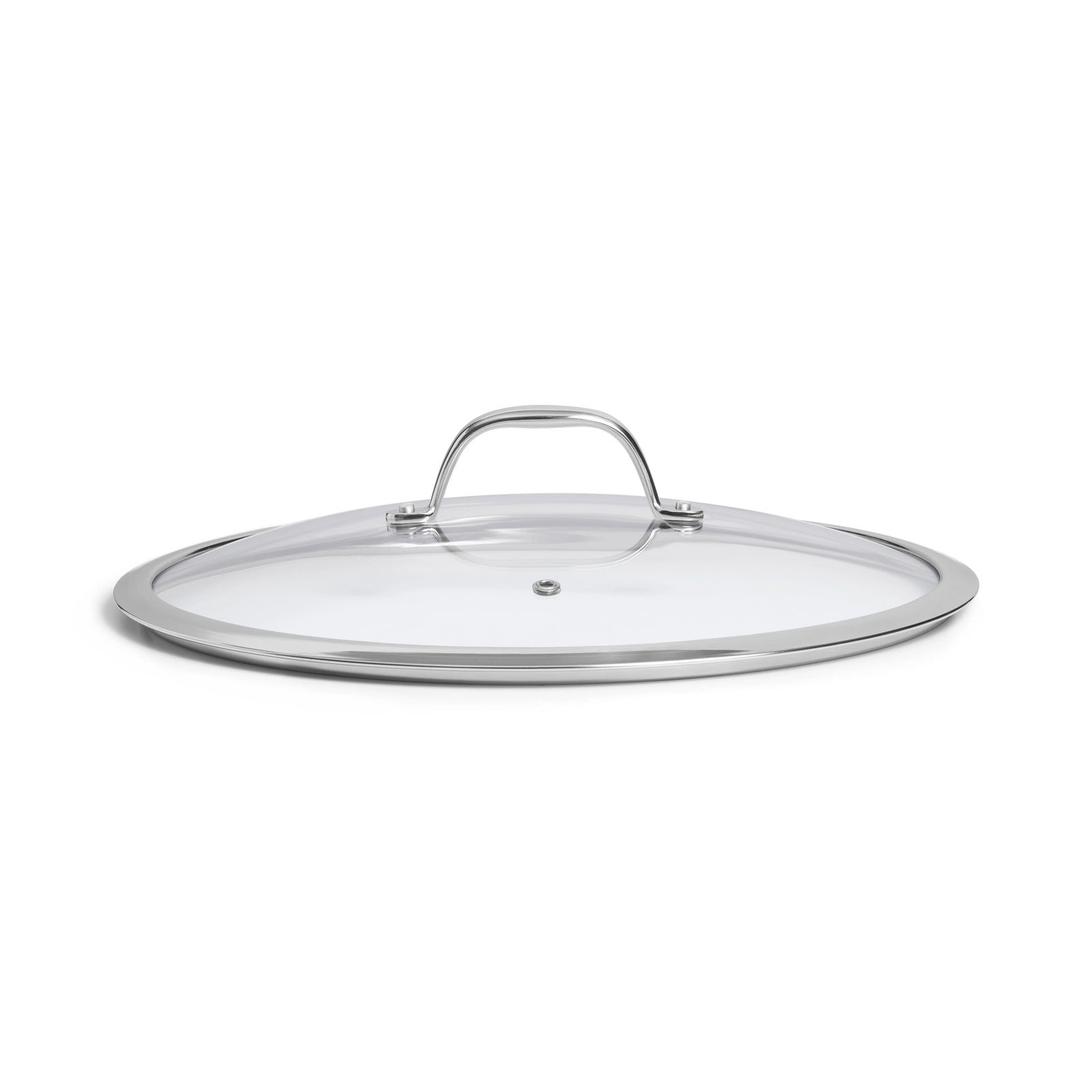 SOPHIOR glazen deksel 30 cm zijaanzicht met RVS handgreep boven