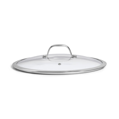 SOPHIOR glazen deksel 30 cm zijaanzicht met RVS handgreep boven