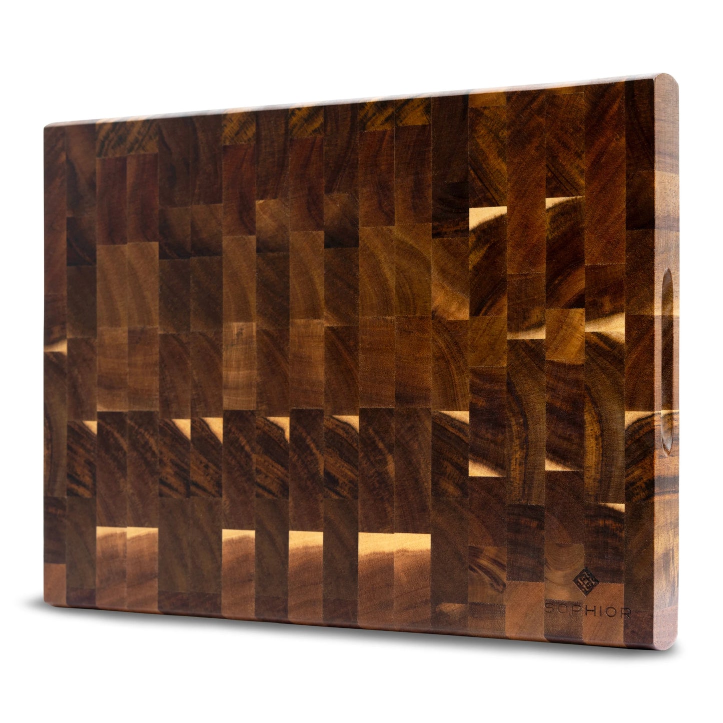 Houten Snijplank Acacia Kopshout 40x30x3,5 cm schuin productaanzicht met handgreep