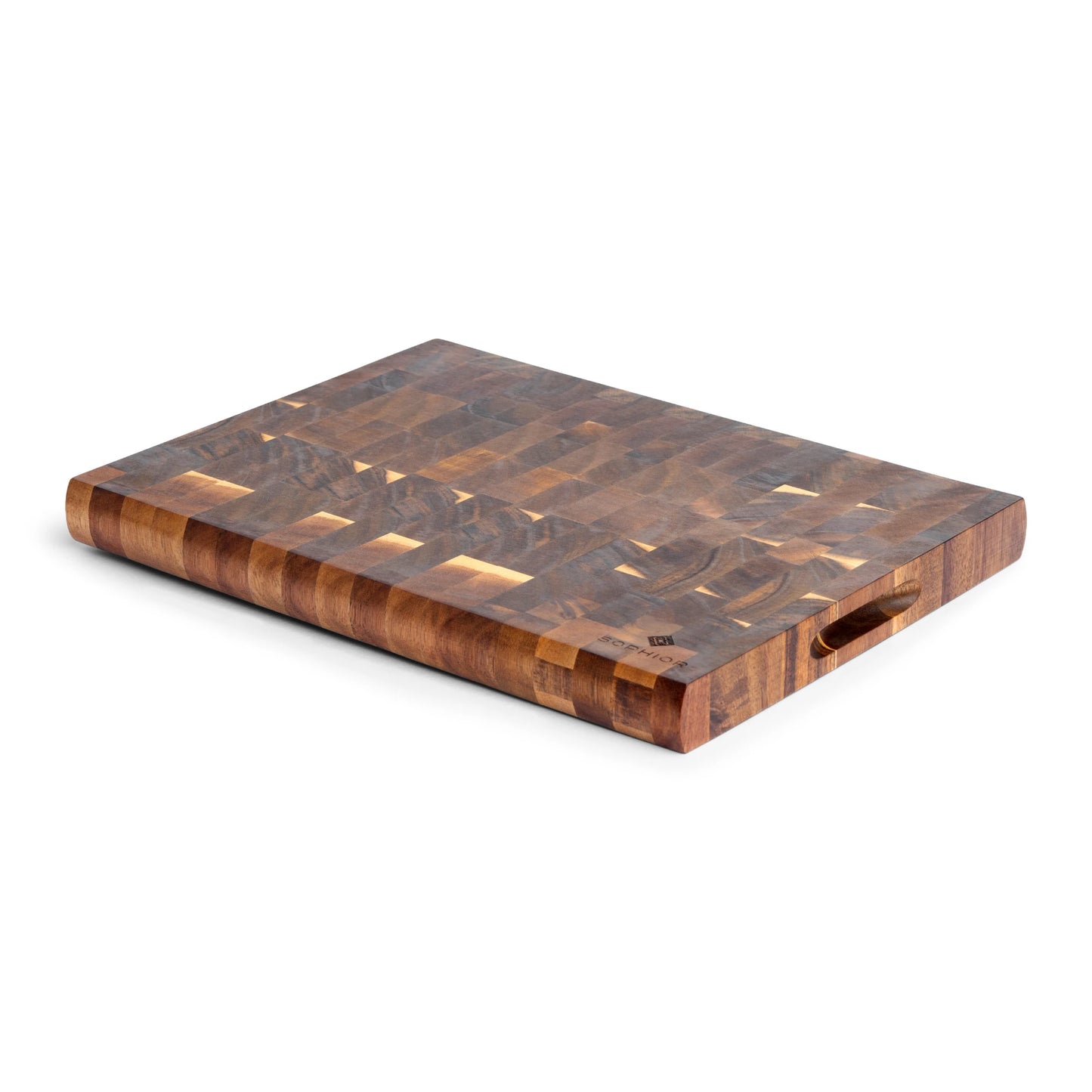 Houten Snijplank Acacia Kopshout 40x30x3,5 cm zijaanzicht met handgreep en logo