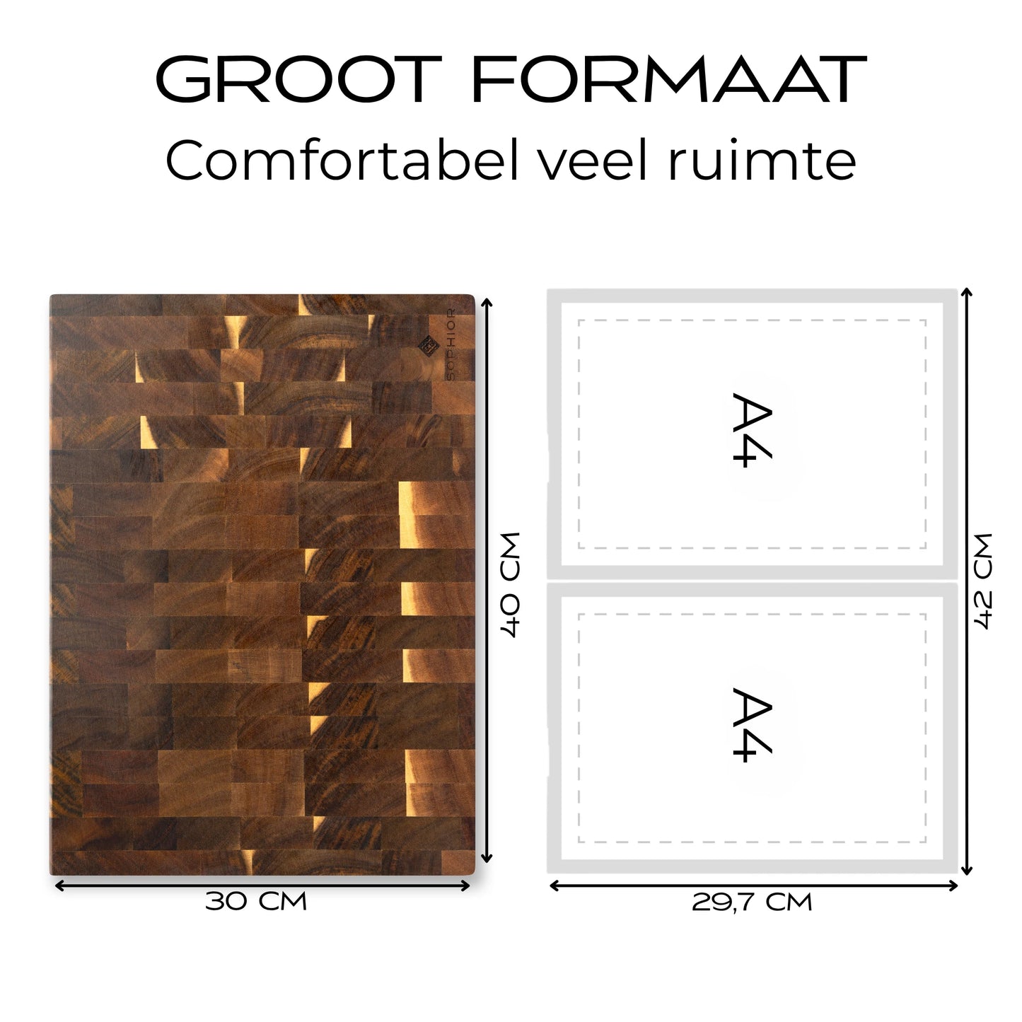 Houten Snijplank Acacia Kopshout 40x30x3,5 cm formaatvergelijking met A4 papier