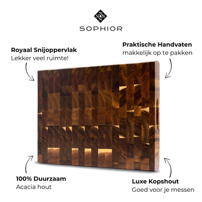 Houten Snijplank Acacia Kopshout 40x30x3,5 cm infographic met productkenmerken