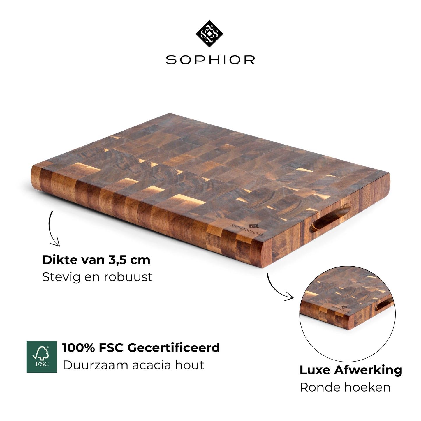 Houten Snijplank Acacia Kopshout 40x30x3,5 cm infographic met dikte en FSC certificering