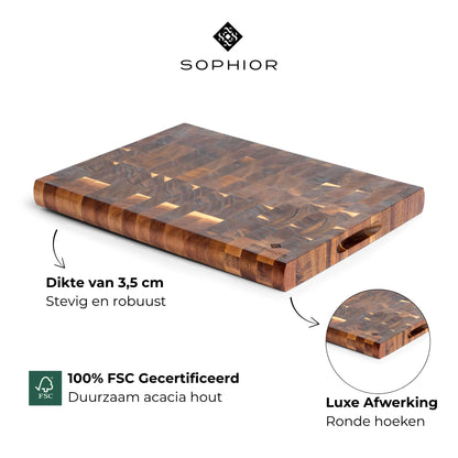 Houten Snijplank Acacia Kopshout 40x30x3,5 cm infographic met dikte en FSC certificering
