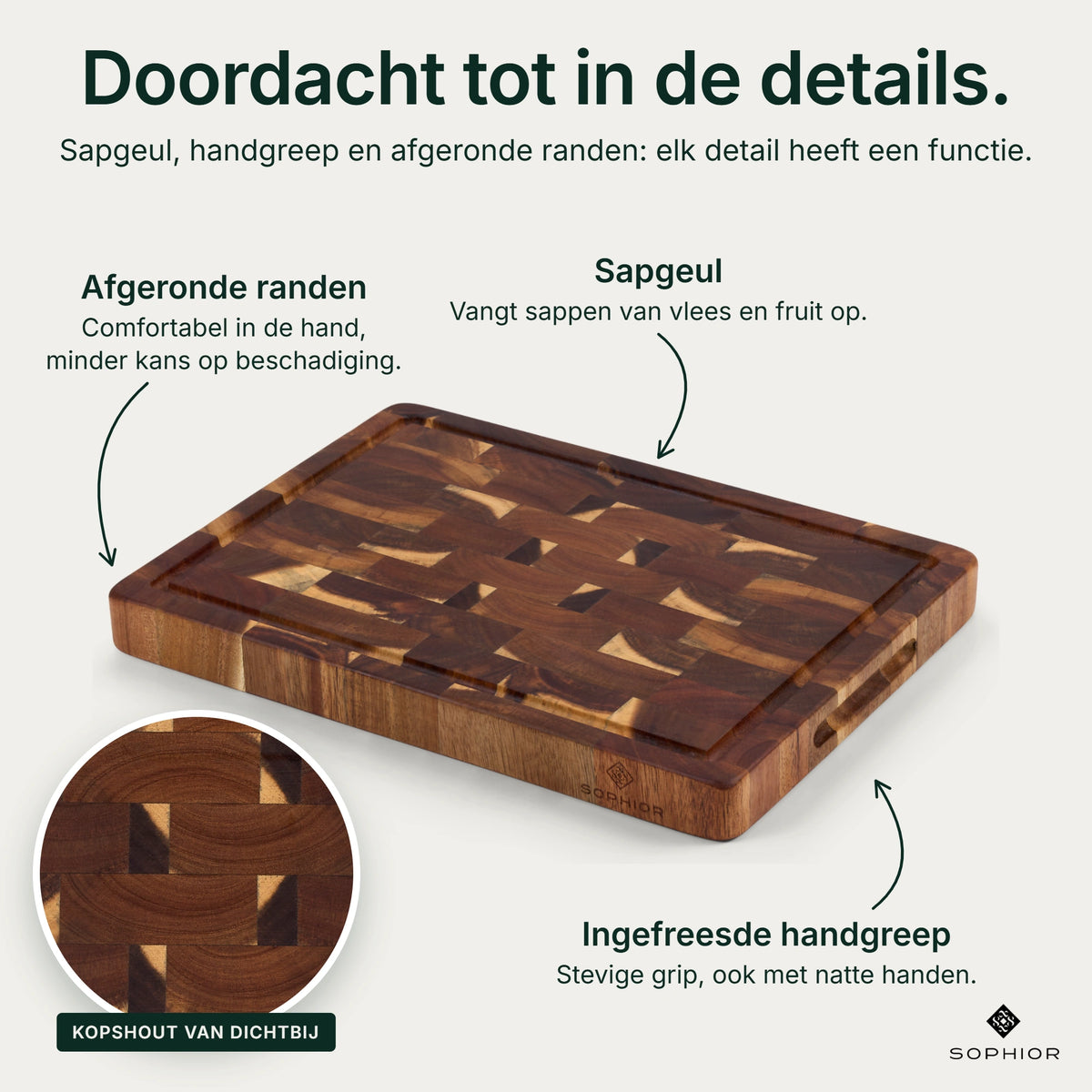 Houten Snijplank Acacia Kopshout - 35×25×3,2 cm - infographic details