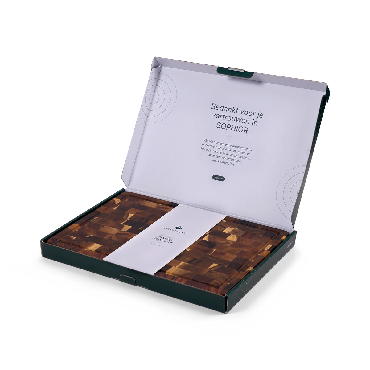 Houten Snijplank Acacia Kopshout - 42×30×3,2 cm - verpakking open