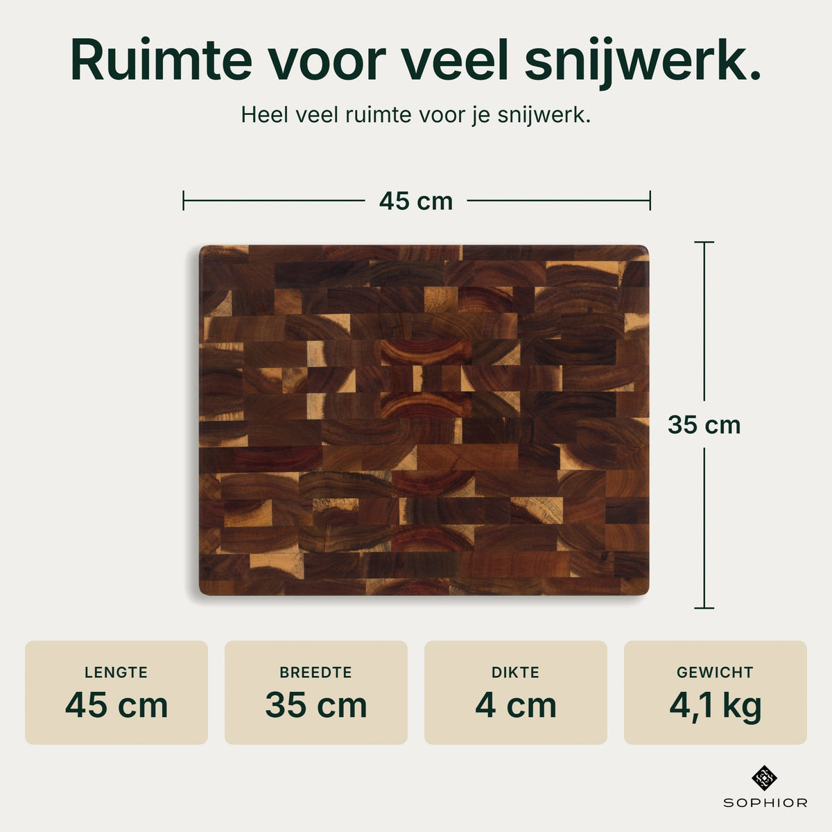 Houten Snijplank Acacia Kopshout - 45×35×4 cm - infographic afmetingen