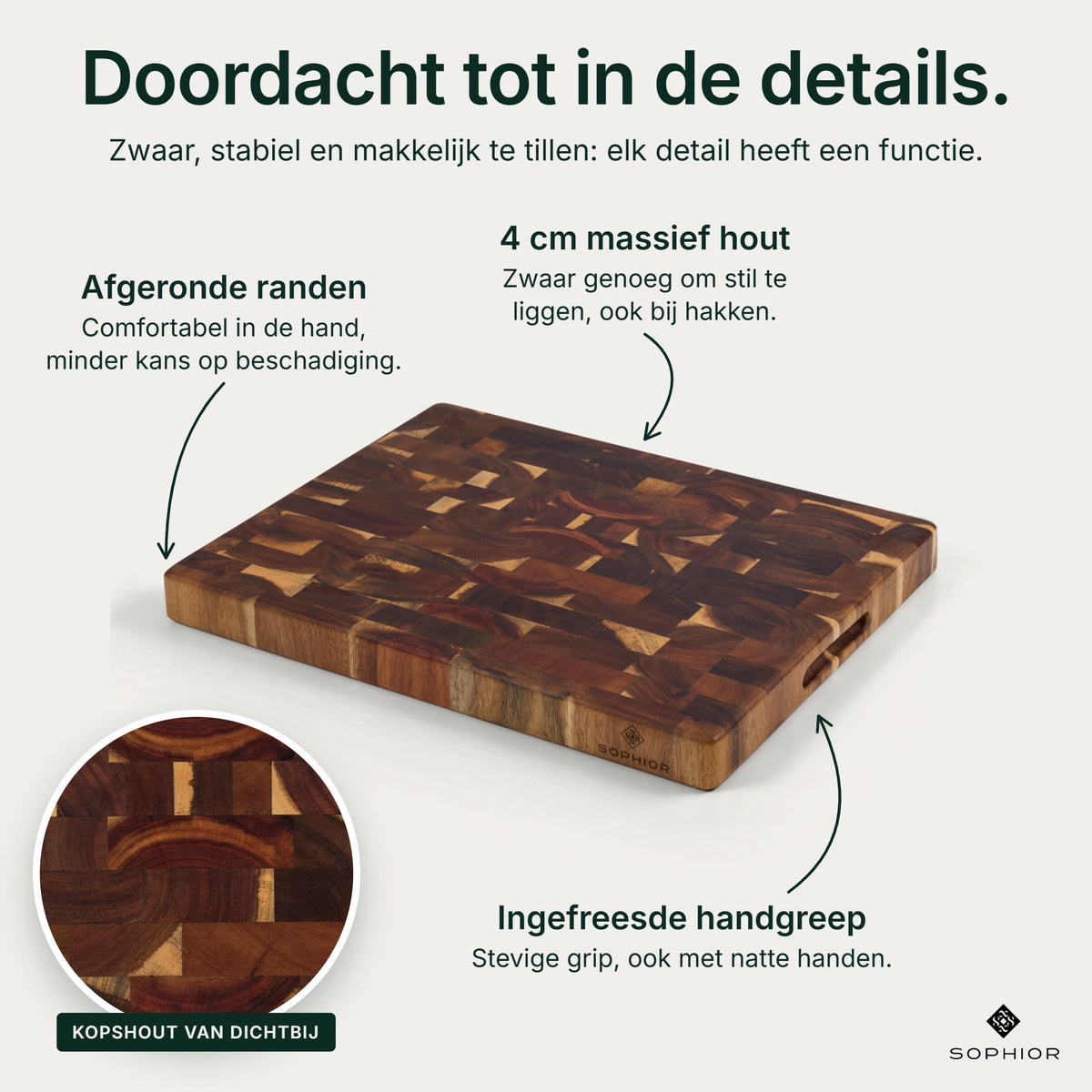 Houten Snijplank Acacia Kopshout - 45×35×4 cm - infographic details