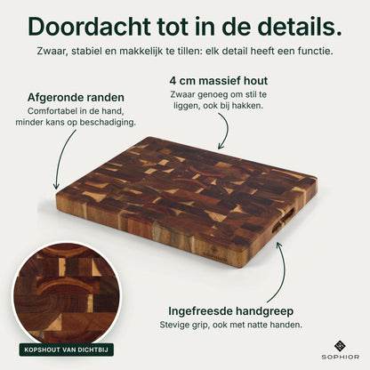 Houten Snijplank Acacia Kopshout - 45×35×4 cm - infographic details