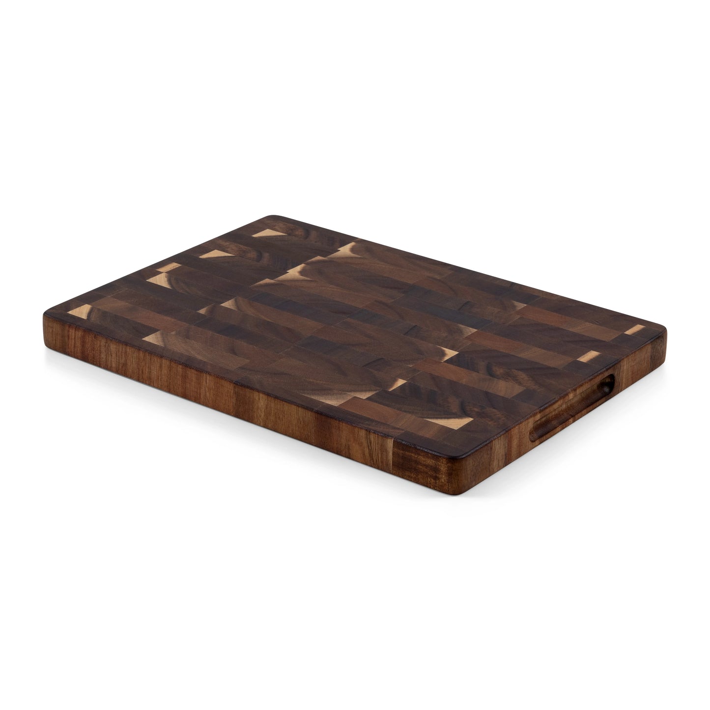 Houten Snijplank Acacia Kopshout 35x25x2,5 cm achterkant schuin aanzicht met handgreep
