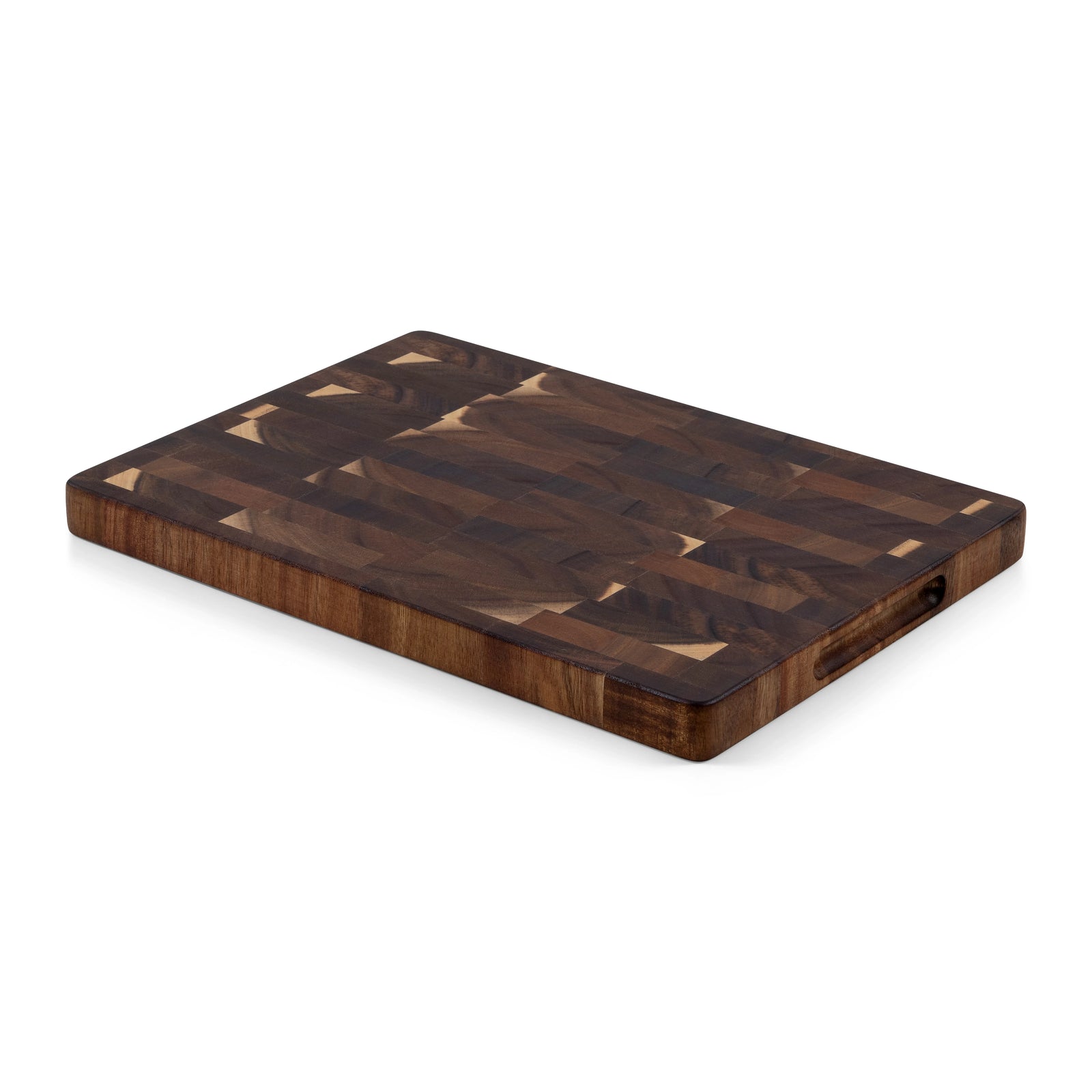 Houten Snijplank Acacia Kopshout 35x25x2,5 cm achterkant schuin aanzicht met handgreep