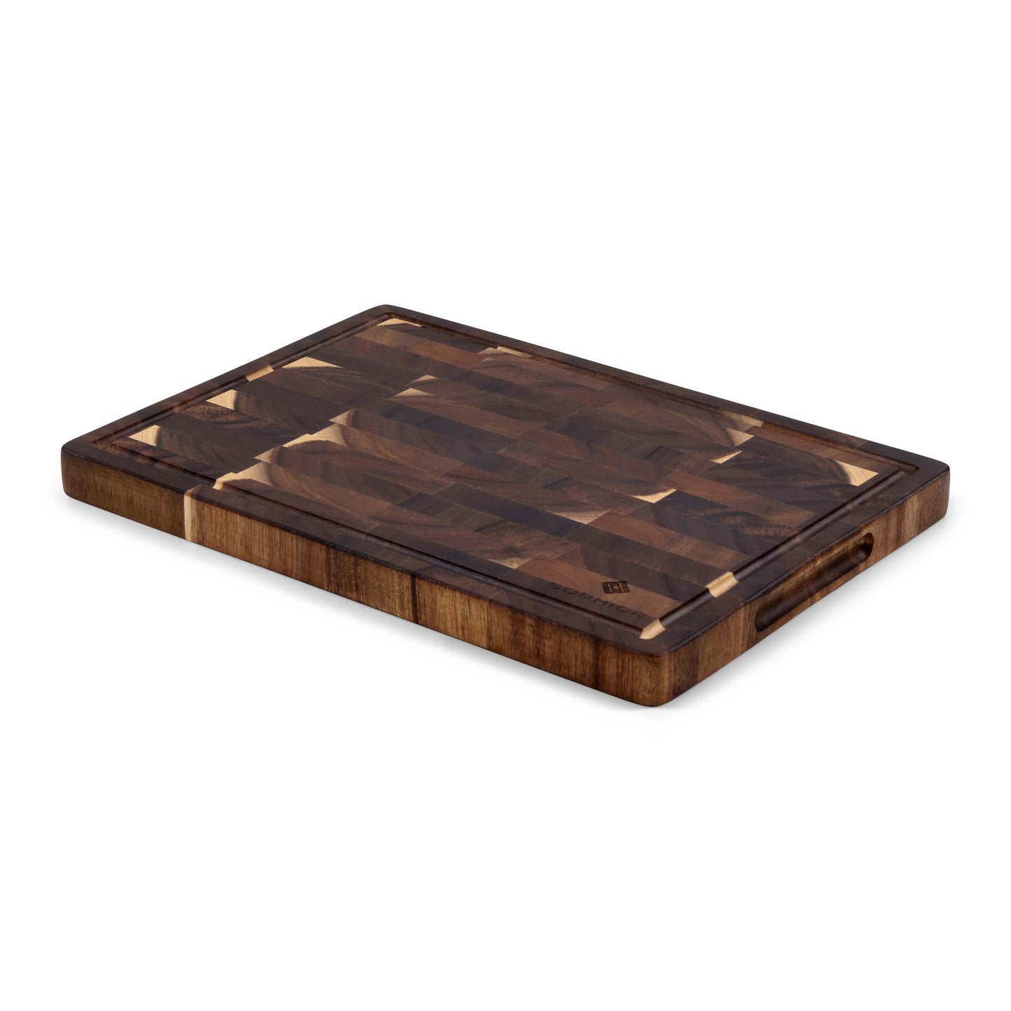 Houten Snijplank Acacia Kopshout 35x25x2,5 cm schuin vooraanzicht met handgreep