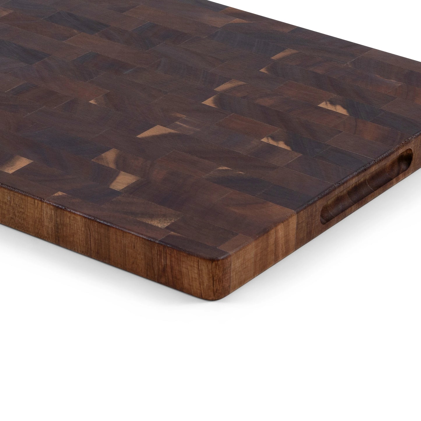 Houten Snijplank Acacia Kopshout 42x30x2,5 cm close-up van zijkant en handgreep