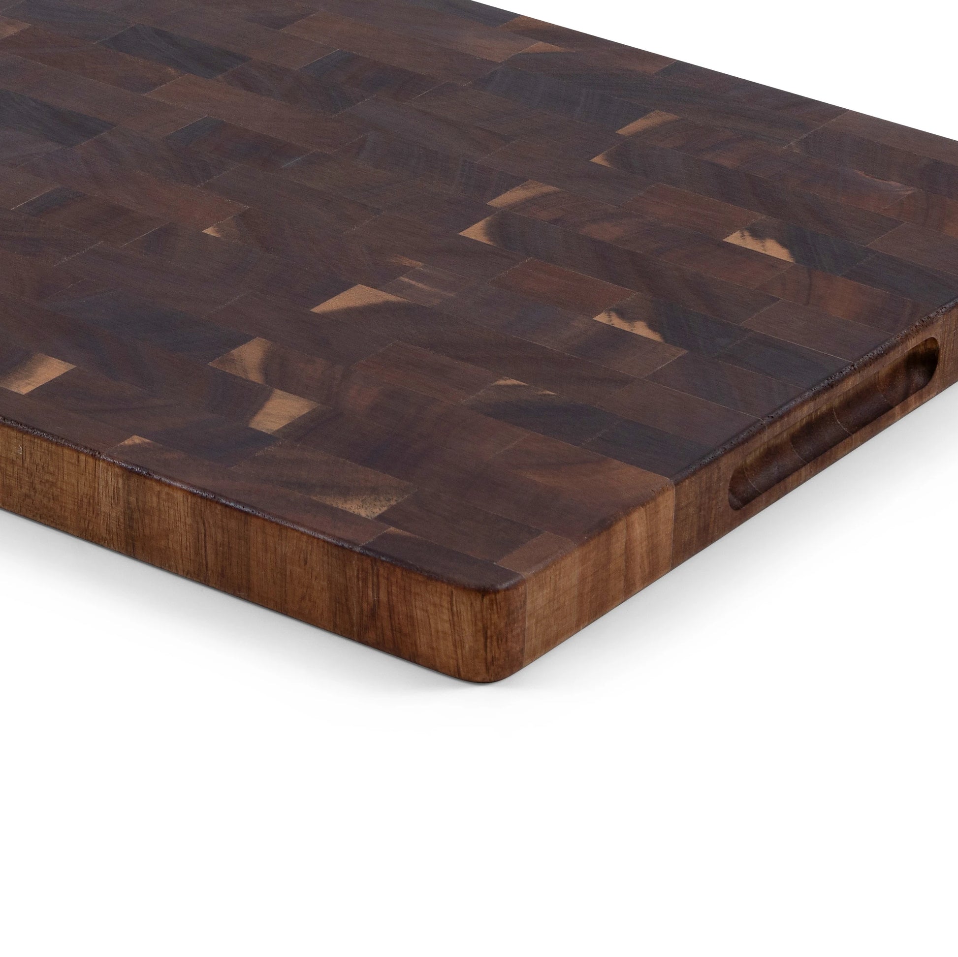Houten Snijplank Acacia Kopshout 42x30x2,5 cm close-up van zijkant en handgreep