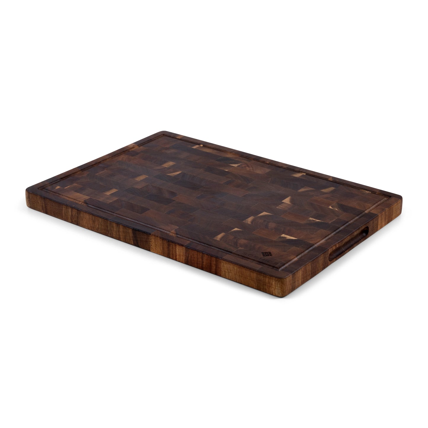 Houten Snijplank Acacia Kopshout 42x30x2,5 cm vanuit de hoek met handgreep