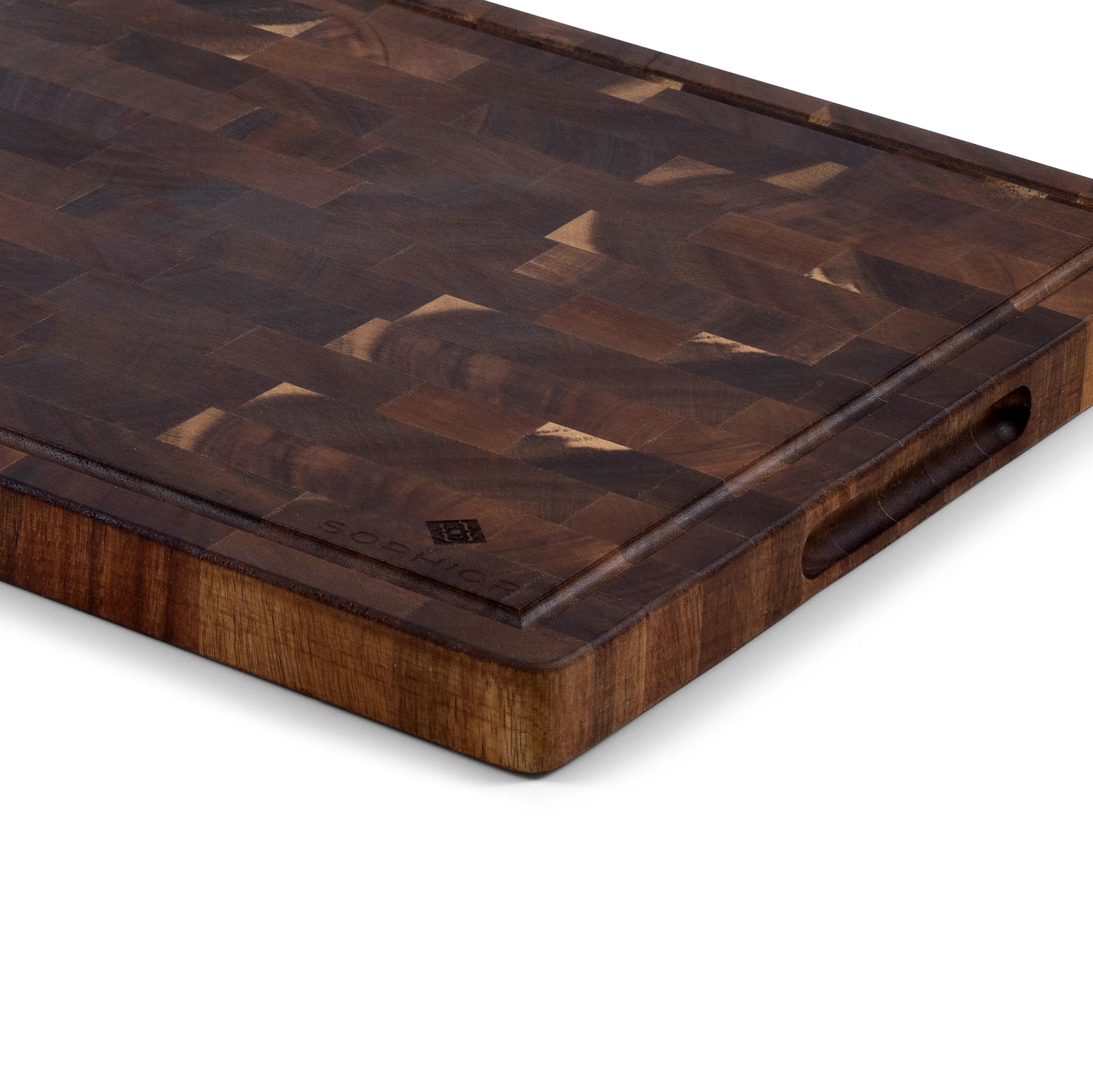 Houten Snijplank Acacia Kopshout 42x30x2,5 cm close-up van handgreep en sapgeul