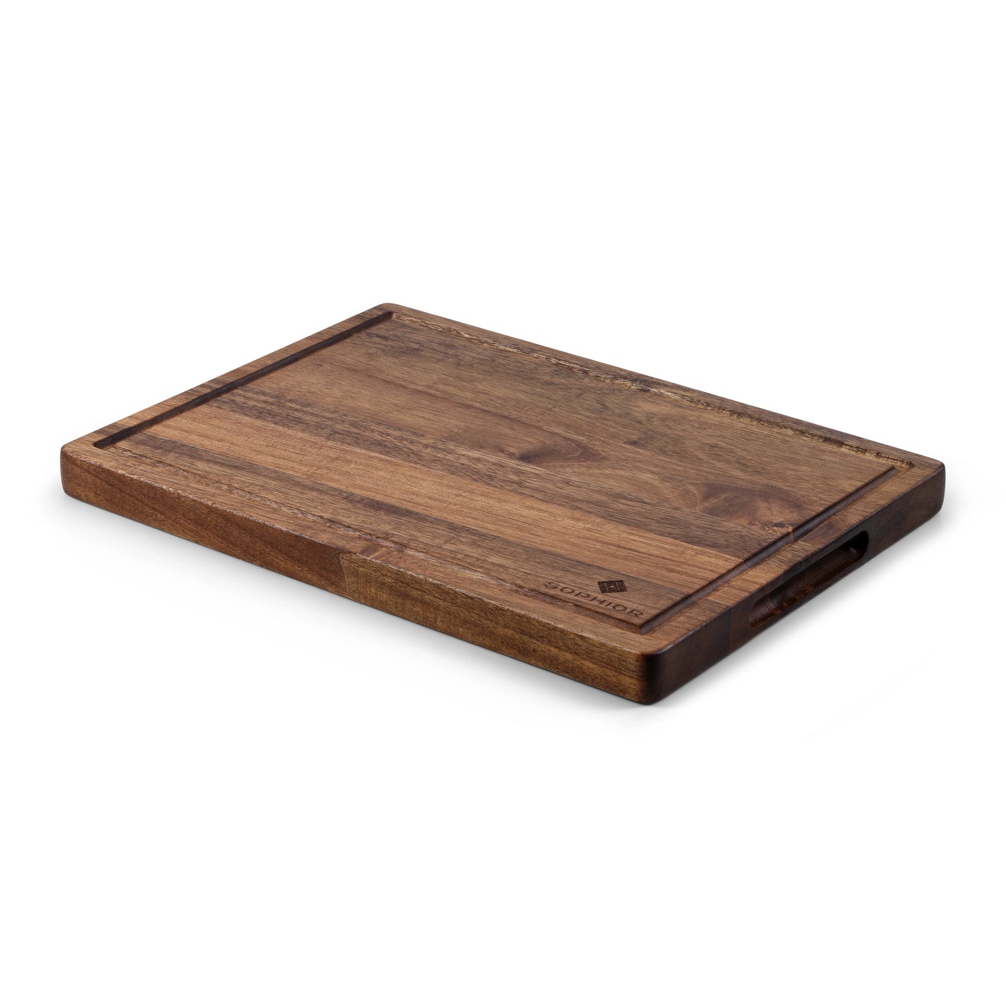 Houten Snijplank Acacia – 35×25×2,5 cm vanuit de hoek met handvat-uitsparing