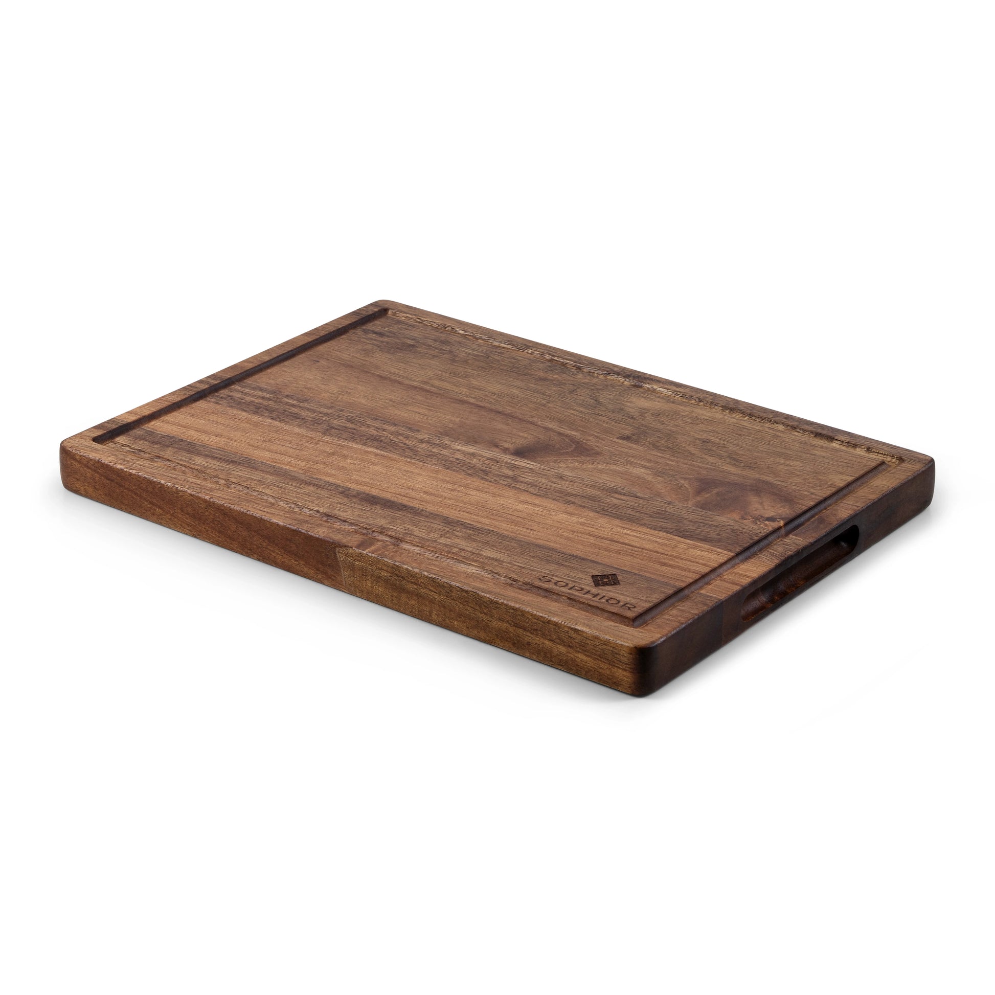 Houten Snijplank Acacia – 35×25×2,5 cm vanuit de hoek met handvat-uitsparing