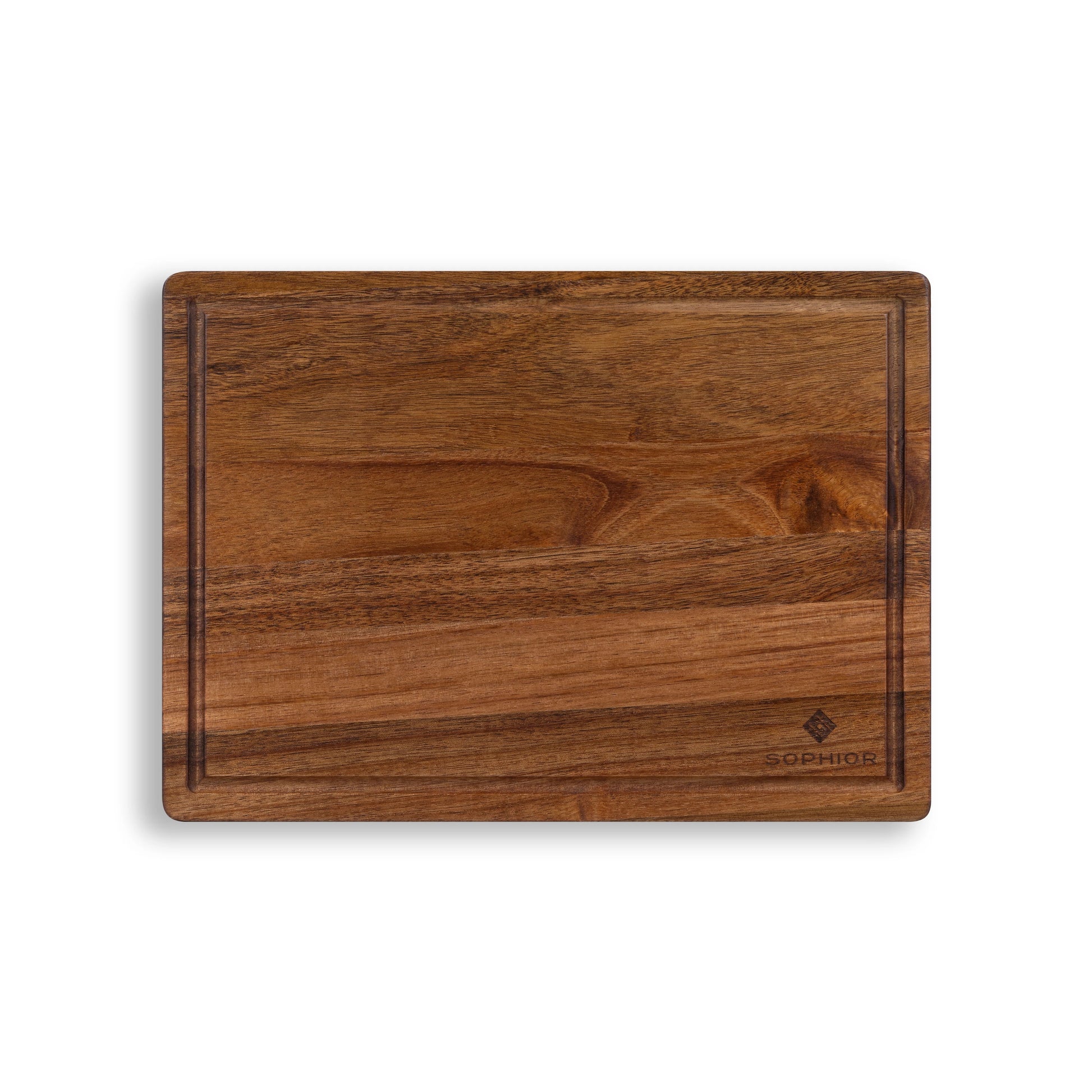 Houten Snijplank Acacia – 35×25×2,5 cm vooraanzicht met sapgroef en SOPHIOR logo