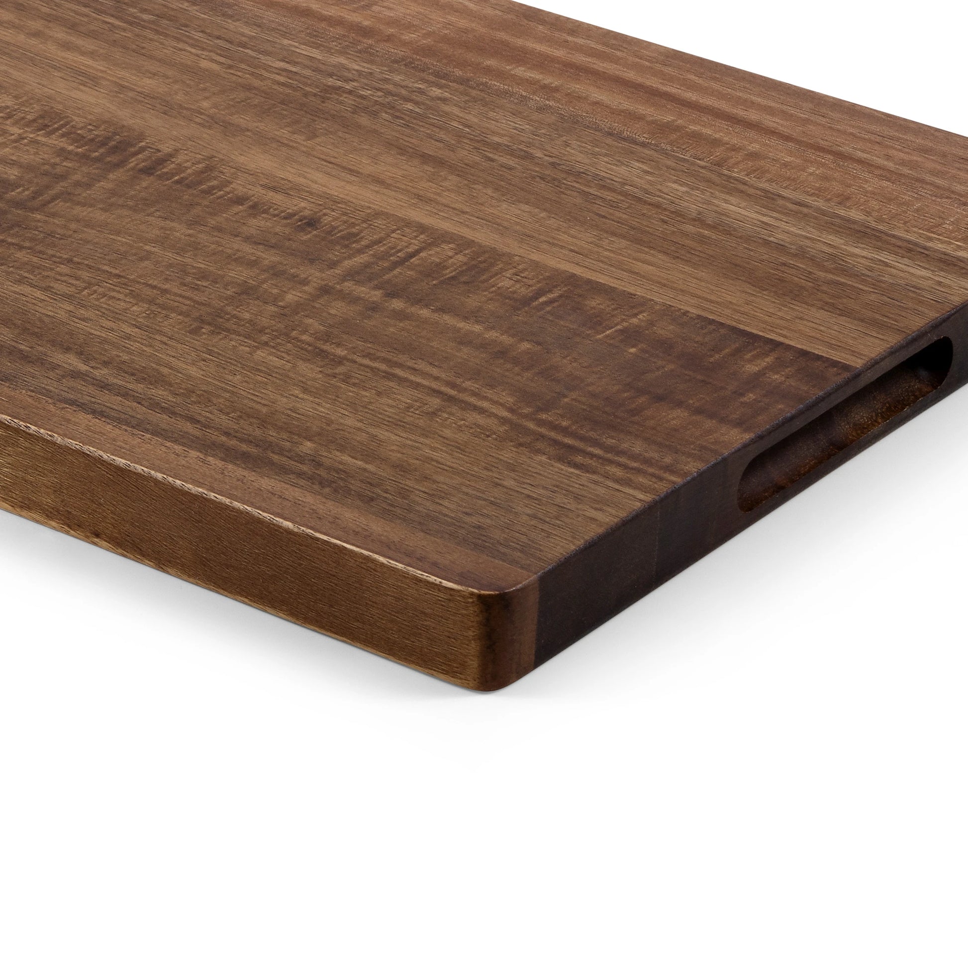 Houten Snijplank Acacia – 42×30×2,5 cm close-up van achterkant met handgreepuitsparing