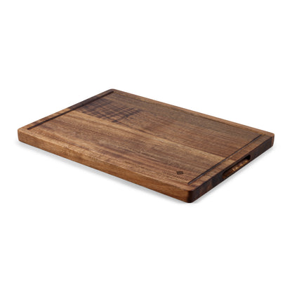 Houten Snijplank Acacia – 42×30×2,5 cm vanuit hoek met handgreep en zichtbare houtnerf