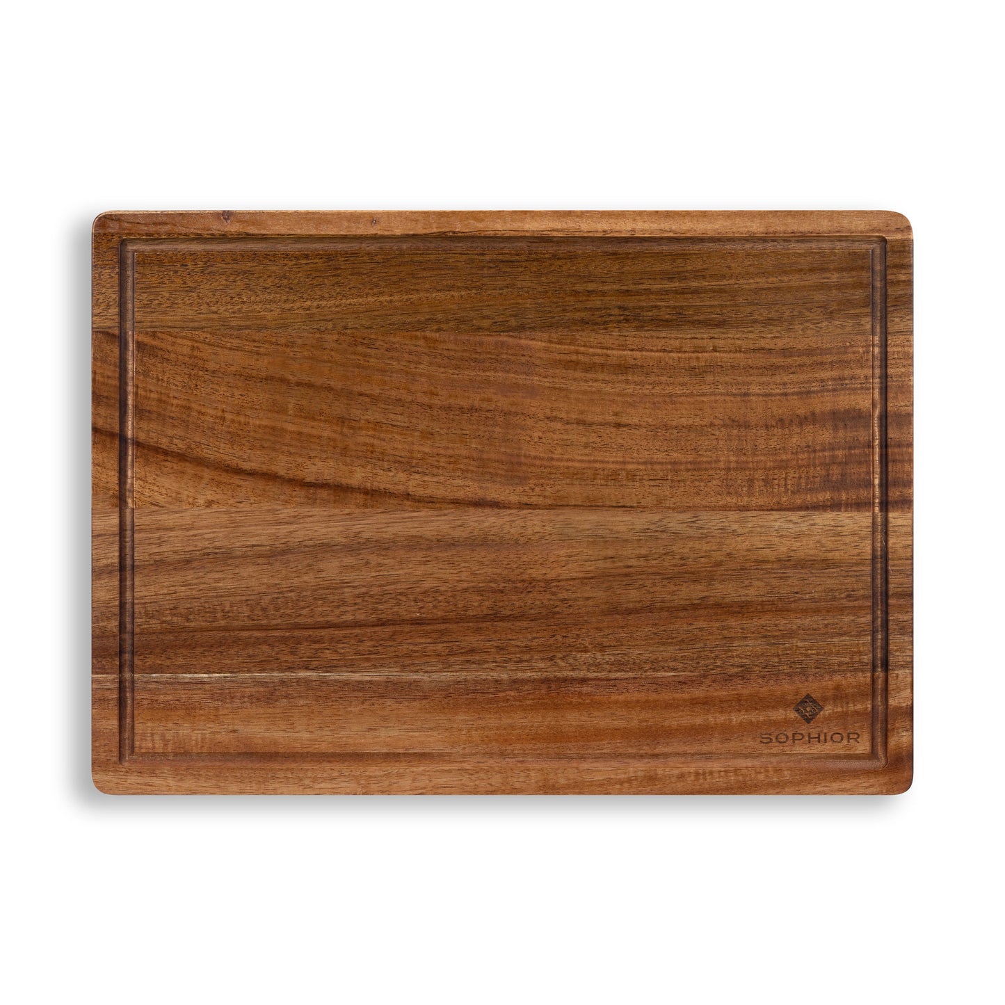 Houten Snijplank Acacia – 42×30×2,5 cm vooraanzicht met SOPHIOR-brandmerk en sapgootje